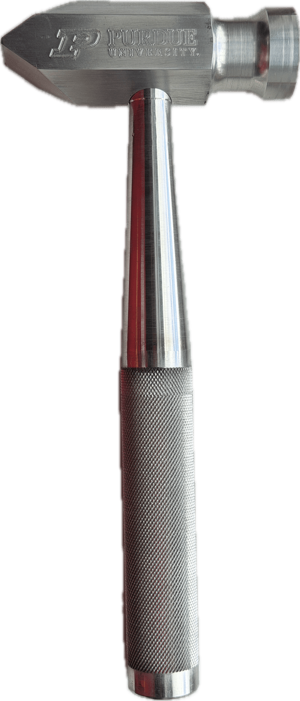 A finished machinist's hammer turned from 6061 aluminium: a hex-bodied head with a cross-peen on one end and a flat face on the other, threaded onto a tapered handle with a diamond-knurled grip. The head is engraved with the Purdue University wordmark.