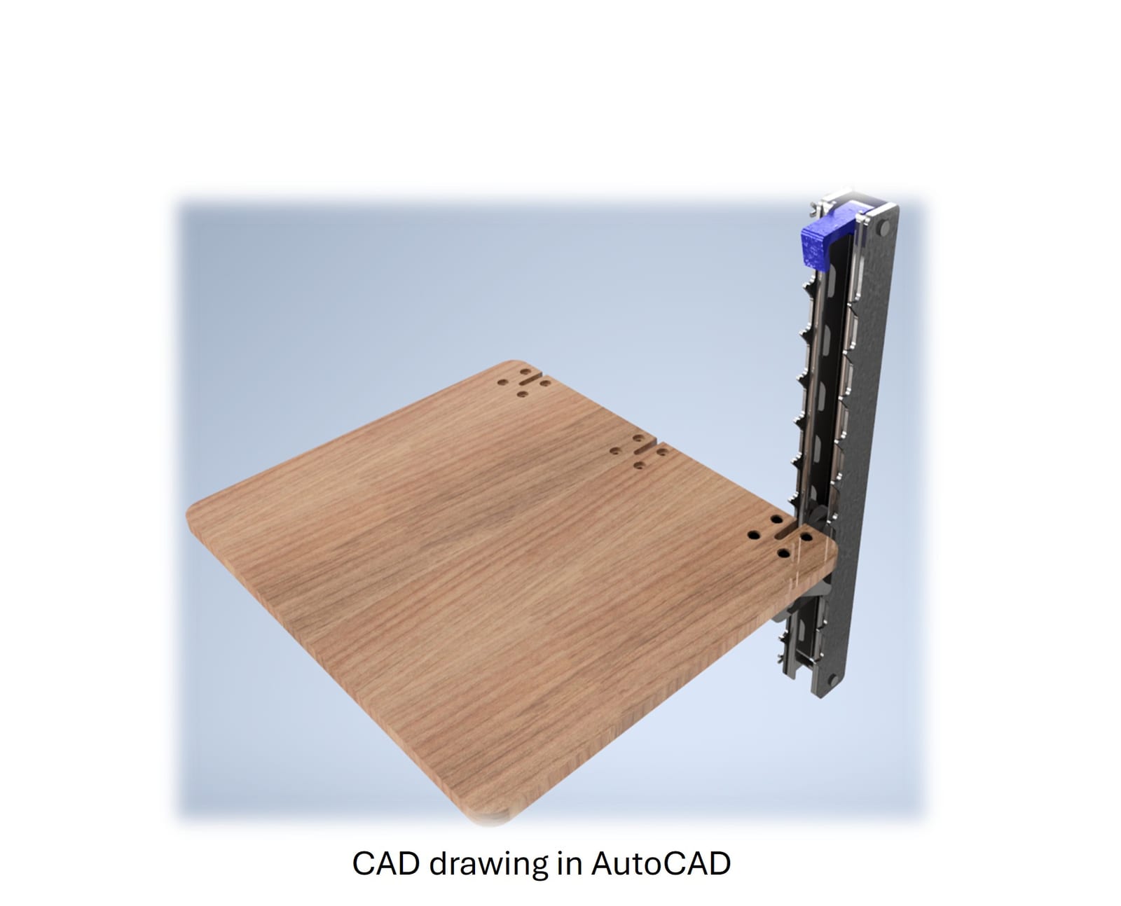 A SolidWorks render of the deployable workstation: a wood-grain rectangular work surface hinged to a black Unistrut channel and hook-sheet mount with a blue plastic latch at the top, floating on a pale blue gradient background.