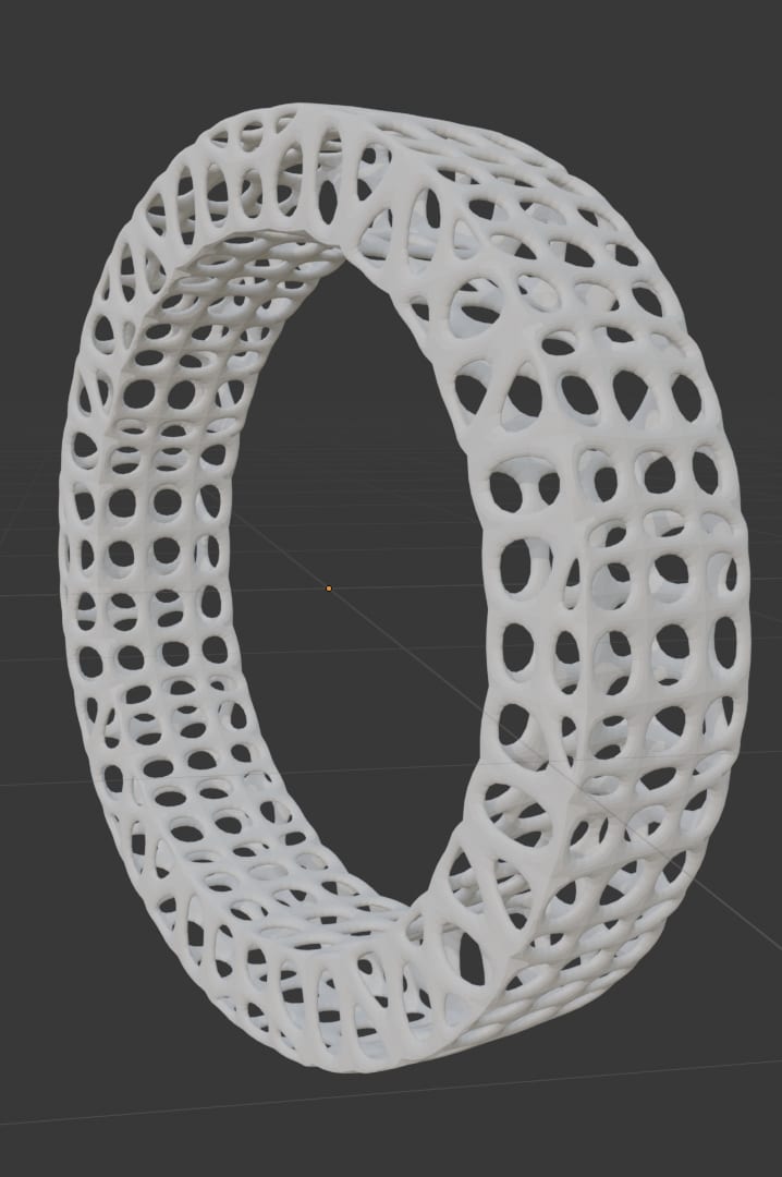 A white Blender render of a ring whose entire band is a fine open lattice of interconnected struts and voids, wrapping fully around the circumference.