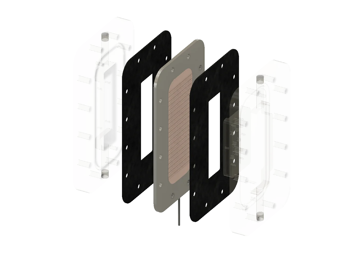 Exploded CAD render of the conductive-gap membrane distillation module: acrylic housings, gaskets, and the finned heat-transfer plate.